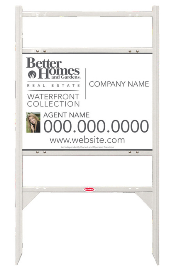 Waterfront Collection Real Estate White Angle Iron Sign Frame And Photo Panel Unit With Two Rider Inserts, 24 GA Steel 18"H X 24"W