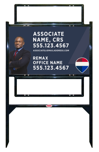 RE/MAX Reflective Angle Iron Frame and Associate Name, CRS w/ Cut Out Photo Sign Unit w/2 Rider Insert, 18"h x 30"w, Steel