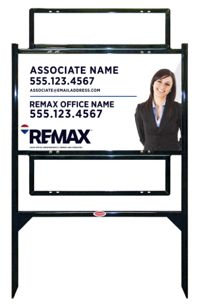 RE/MAX Angle Iron Frame and Associate Name w/ Cut Out Photo Sign Unit w/2 Rider Insert, 18"h x 30"w, Steel