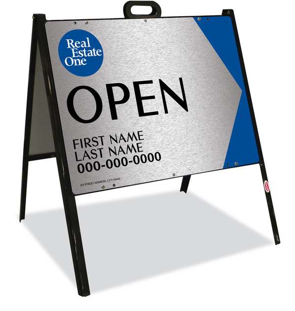 A-Frame and Agent Open Sign Panel Unit, 18h x 24w, Brushed Aluminum Composite