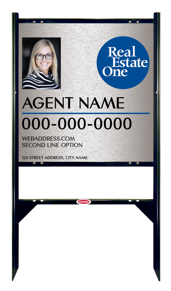 Angle Iron Frame w 1 Rider Inserts and Longest Agent Name Photo Sign Panel Unit, 24h x 24w, 3MM Brushed Aluminum Composite