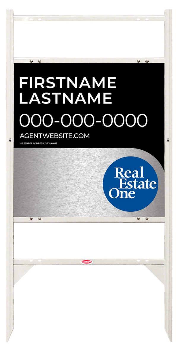 Angle Iron Frame w 2 Rider Inserts and Agent Name Sign Panel Unit, 24h x 24w, 3MM Brushed Aluminum Composite