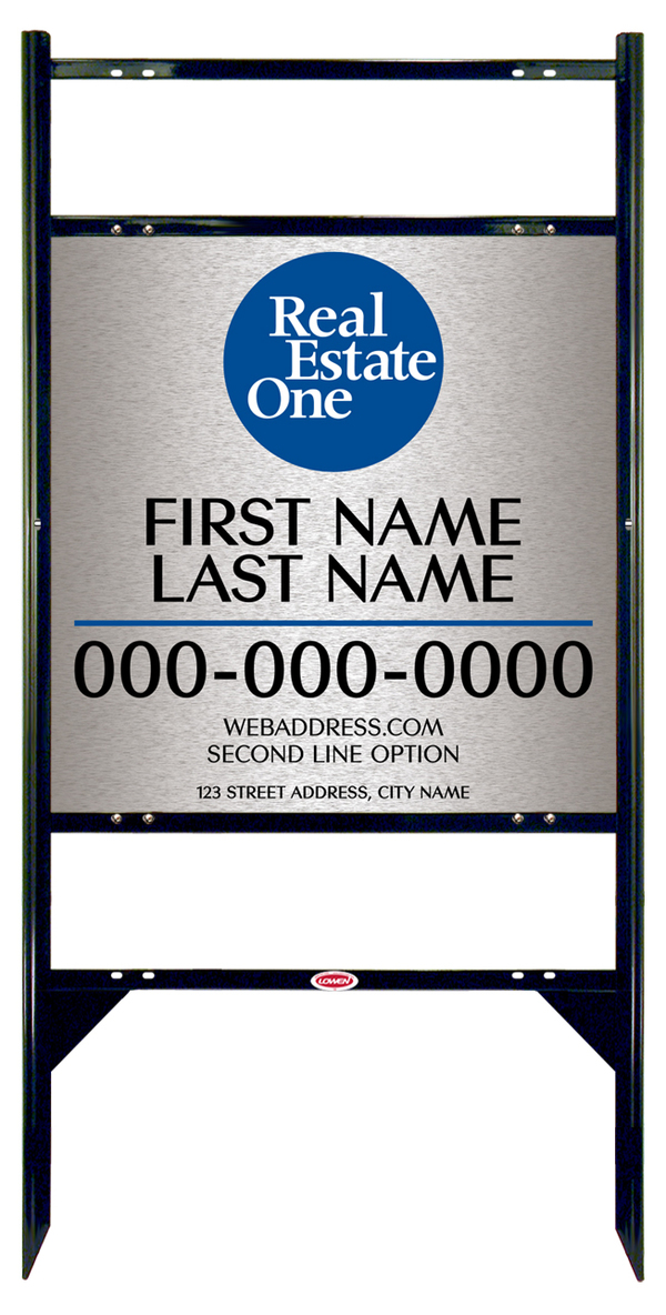 Angle Iron Frame w 2 Rider Inserts and Agent Name Sign Panel Unit, 24h x 24w, 3MM Brushed Aluminum Composite