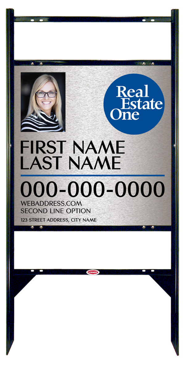 Angle Iron Frame w 2 Rider Inserts and Agent Photo Sign Panel Unit, 24h x 24w, 3MM Brushed Aluminum Composite