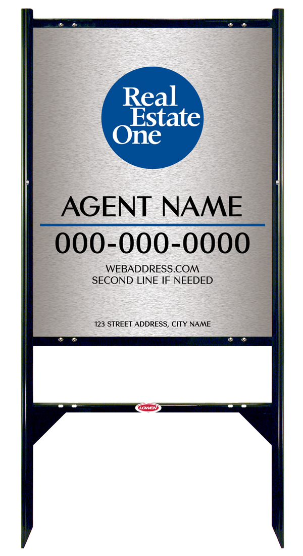 Angle Iron Frame w 1 Rider Inserts and Longest Agent Name Sign Panel Unit, 30h x 24w, 3MM Brushed Aluminum Composite