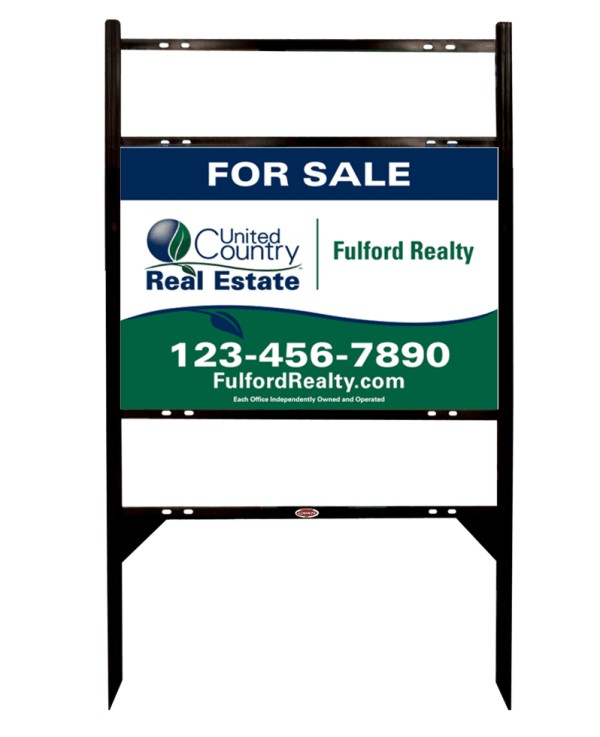 real estate black angle iron sign frame and panel unit with two rider inserts, 24 GA steel 20h x 28w