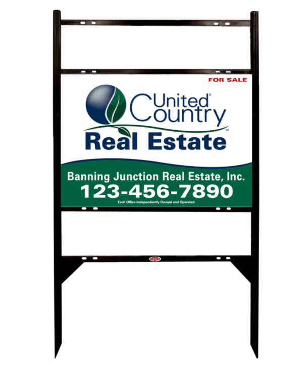 real estate black angle iron sign frame and panel unit with two rider inserts, 24 GA steel 20h x 28w